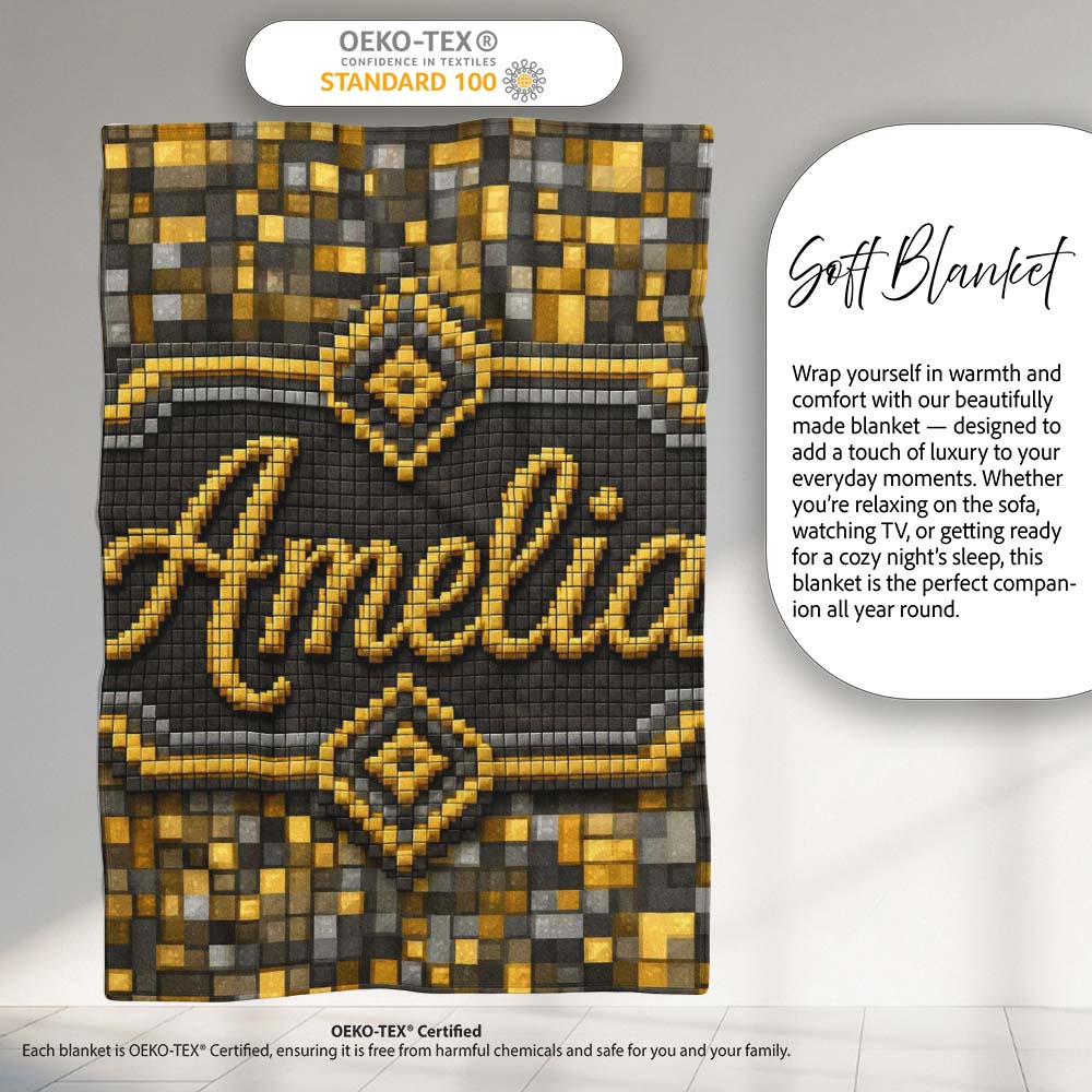 Golden Grey Pixel Mosaic Abstract Seamless Pattern Cute Unique Gift  Personalised Custom Name Super Soft Fleece Blanket Bed Sofa Throw