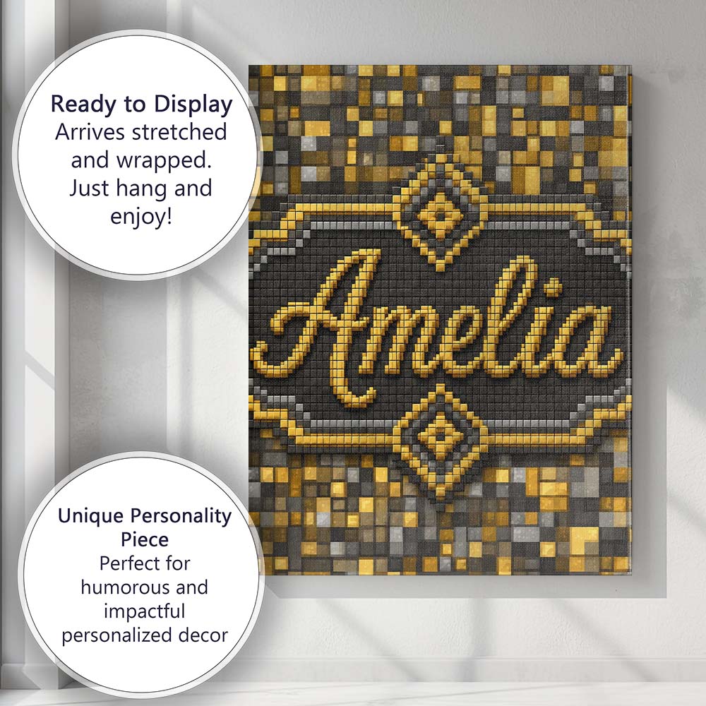 Personalised Name Golden Grey Pixel Mosaic Custom  Unique Gift Idea Elegant Feature Canvas Wall Art Print Decor Picture Ready to Hang