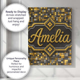 Personalised Name Golden Grey Pixel Mosaic Custom  Unique Gift Idea Elegant Feature Canvas Wall Art Print Decor Picture Ready to Hang