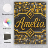 Personalised Name Golden Grey Pixel Mosaic Custom  Unique Gift Idea Elegant Feature Canvas Wall Art Print Decor Picture Ready to Hang
