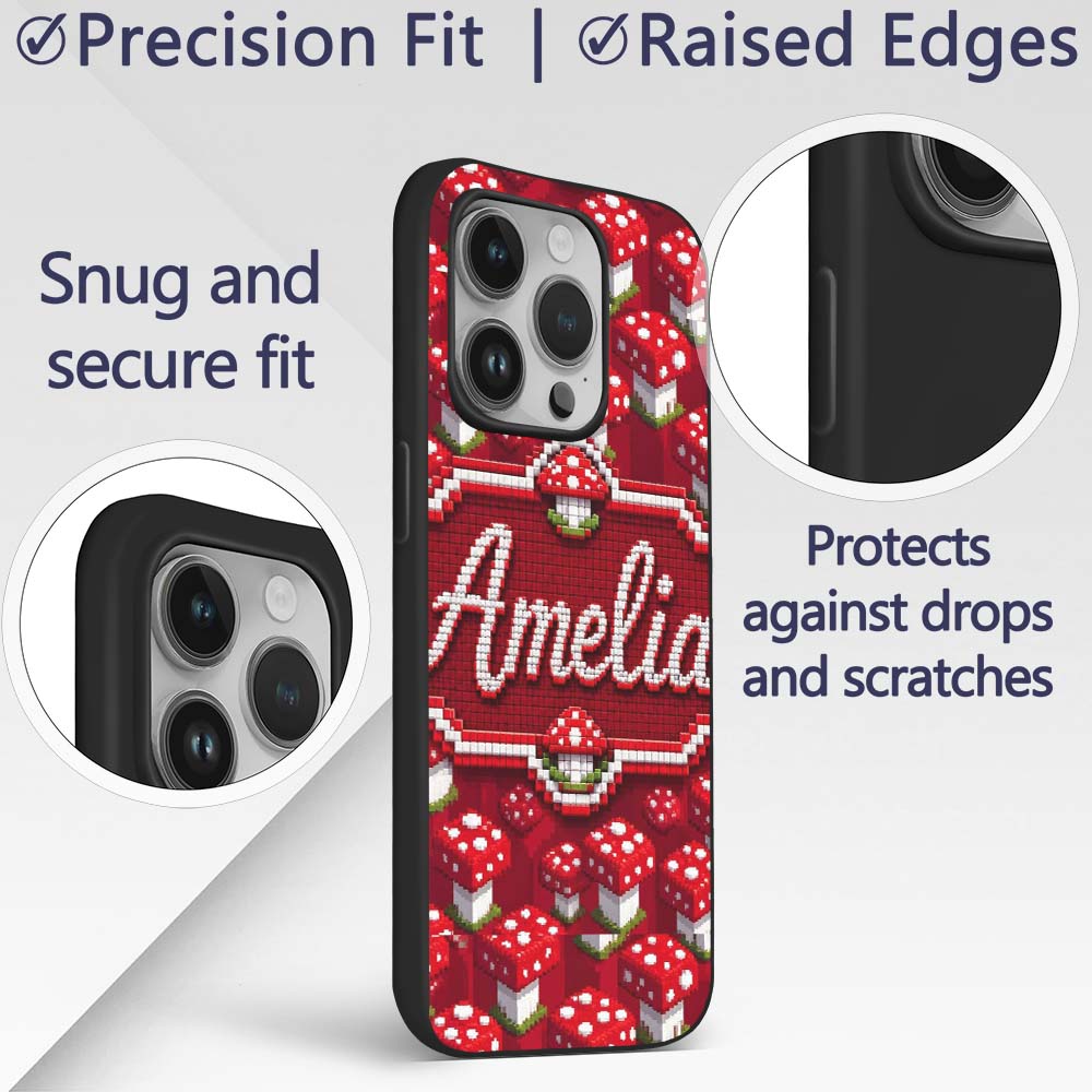 Red White Mushroom Pixel Art Seamless Pattern Custom Name Protective Phone Case Mobile Cover Durable Everyday Smartphone Shock Resistant