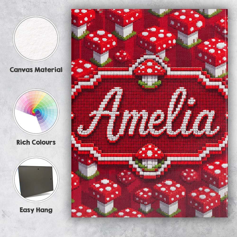 Personalised Name Red White Mushroom Pixel Custom  Unique Gift Idea Elegant Feature Canvas Wall Art Print Decor Picture Ready to Hang