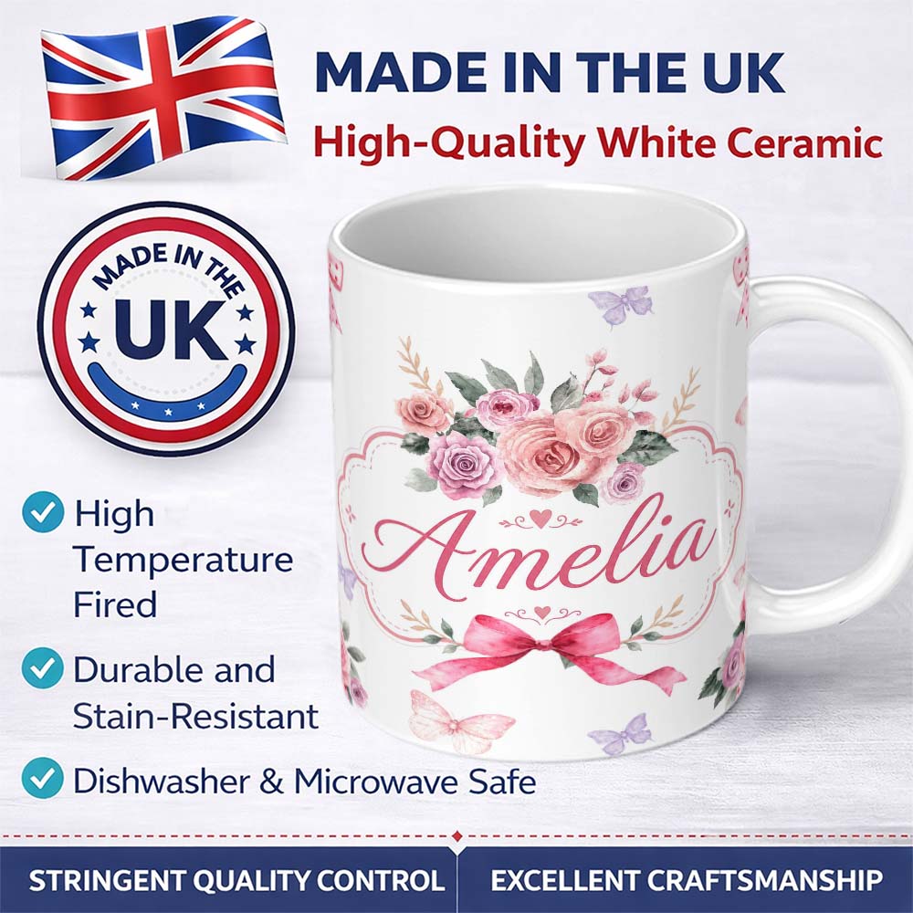 Personalized Custom Name Elegant Watercolor Rose Bouquet Ribbon Butterfly Light Grey Lovely 11oz Ceramic Coffee Tea Mug White Large Handle
