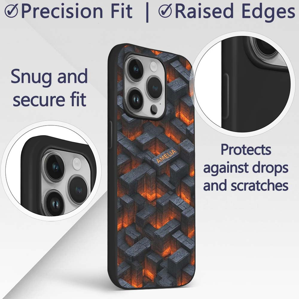 Dark Stone Lava Glow Cube Abstract Printed Design Custom Name Protective Phone Case Mobile Cover Durable Everyday Smartphone Shock Resistant