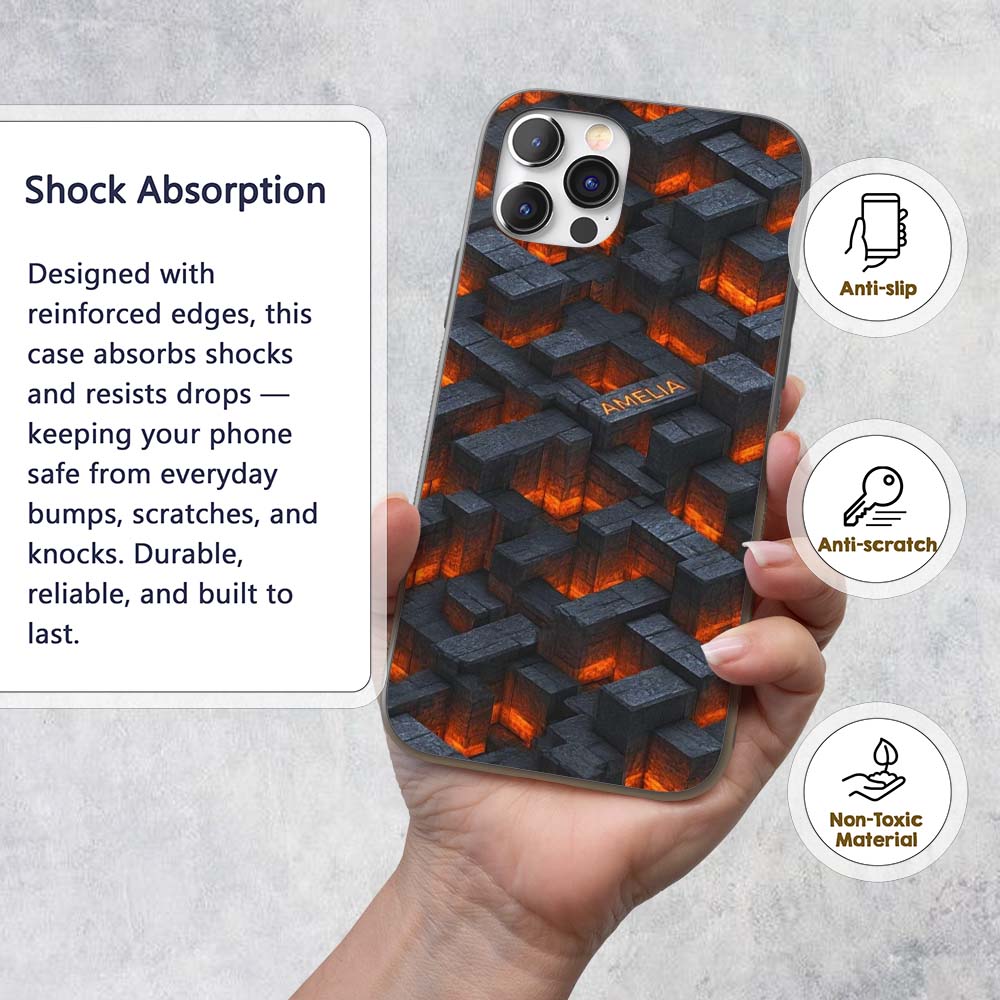 Dark Stone Lava Glow Cube Abstract Printed Design Custom Name Protective Phone Case Mobile Cover Durable Everyday Smartphone Shock Resistant