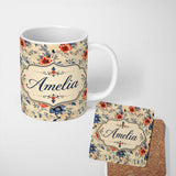 Personalized Custom Name Blue Red Botanical Floral Vintage Seamless Pattern Cute Unique Gift 11oz Ceramic Coffee Tea Mug White Large Handle