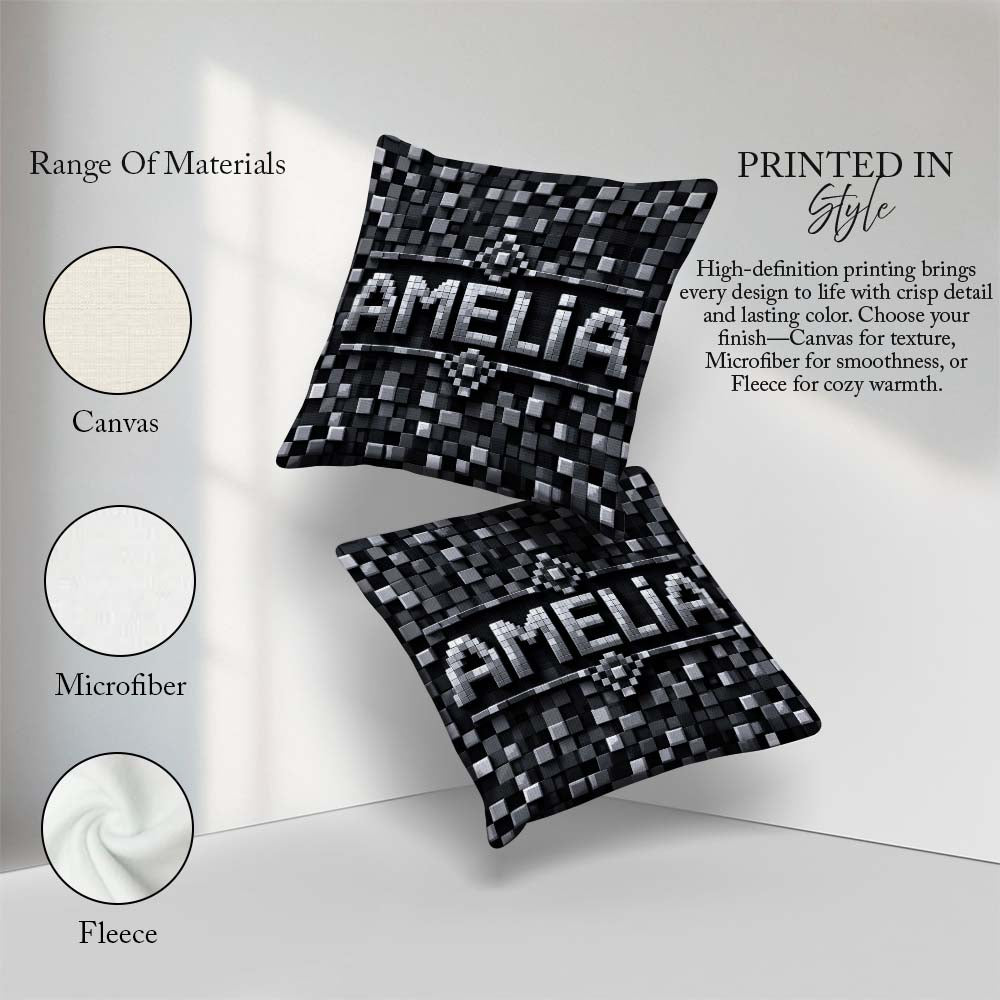 Custom Name Monochrome Grey Pixel Block Abstract Seamless Lovely Square Filled Cushion Throw Pillow Sofa Bed Home Decor Zip Washable UK Made