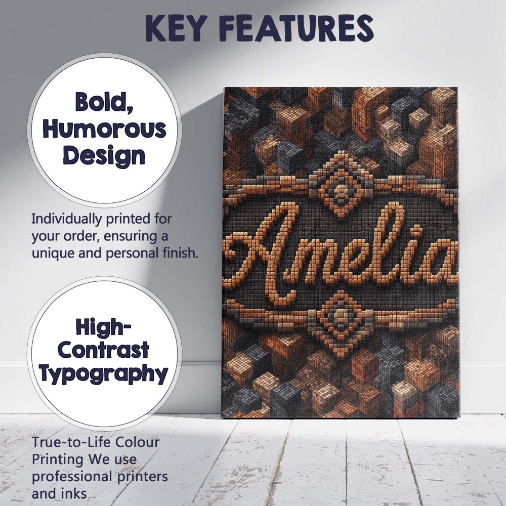 Personalised Name Brown Grey 3D Block Custom Modern Room Accent Creative Decorator Style Canvas Wall Art Print Decor Picture Ready to Hang