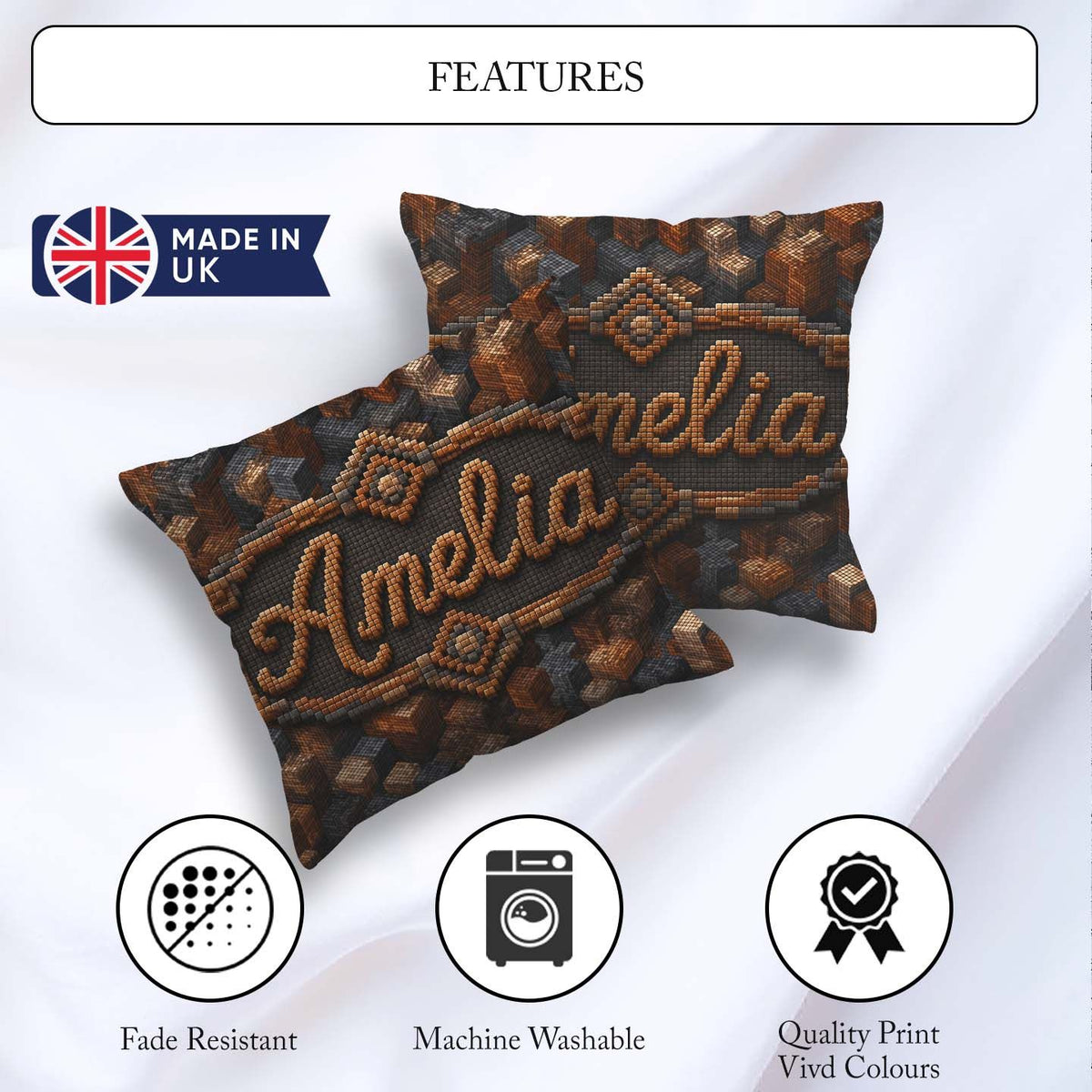 Custom Name Brown Grey 3D Block Terrain Abstract Seamless Lovely Square Filled Cushion Throw Pillow Sofa Bed Home Decor Zip Washable UK Made