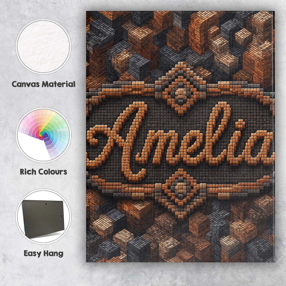 Personalised Name Brown Grey 3D Block Custom Modern Room Accent Creative Decorator Style Canvas Wall Art Print Decor Picture Ready to Hang