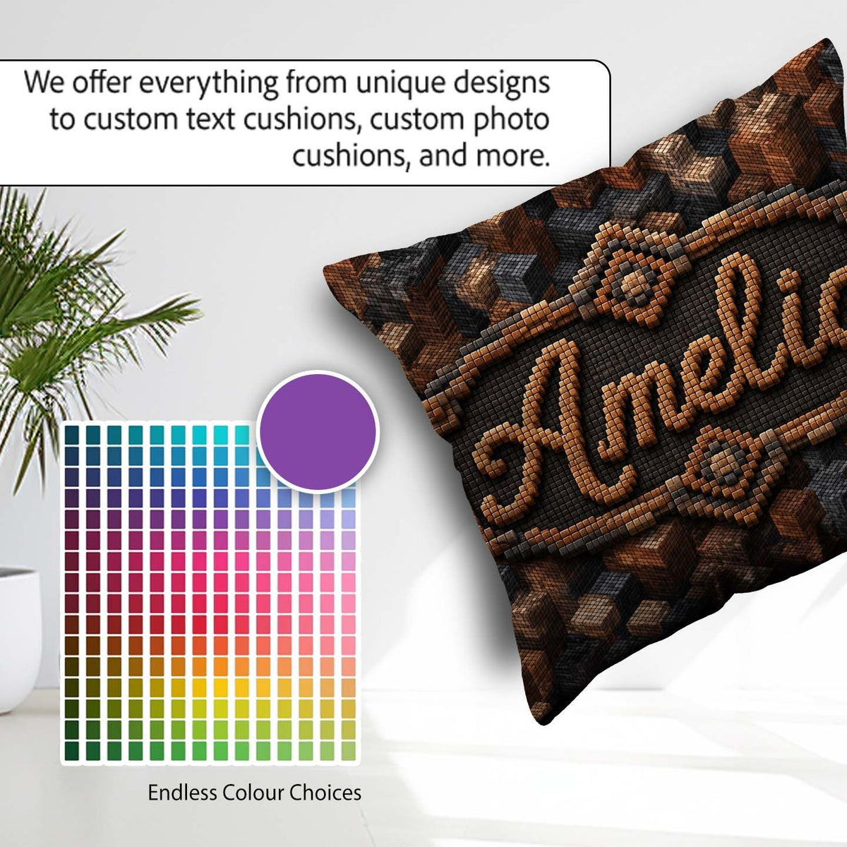 Custom Name Brown Grey 3D Block Terrain Abstract Seamless Lovely Square Filled Cushion Throw Pillow Sofa Bed Home Decor Zip Washable UK Made