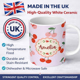 Personalized Custom Name Cute Cherry Fruit with Bow and Sprinkles Seamless Pattern Soft Lilac 11oz Ceramic Coffee Tea Mug White Large Handle