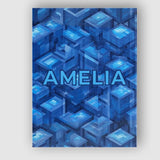 Personalised Name Blue 3D Cube Block Custom Premium Decorative Design Modern Room Accent Canvas Wall Art Print Decor Picture Ready to Hang