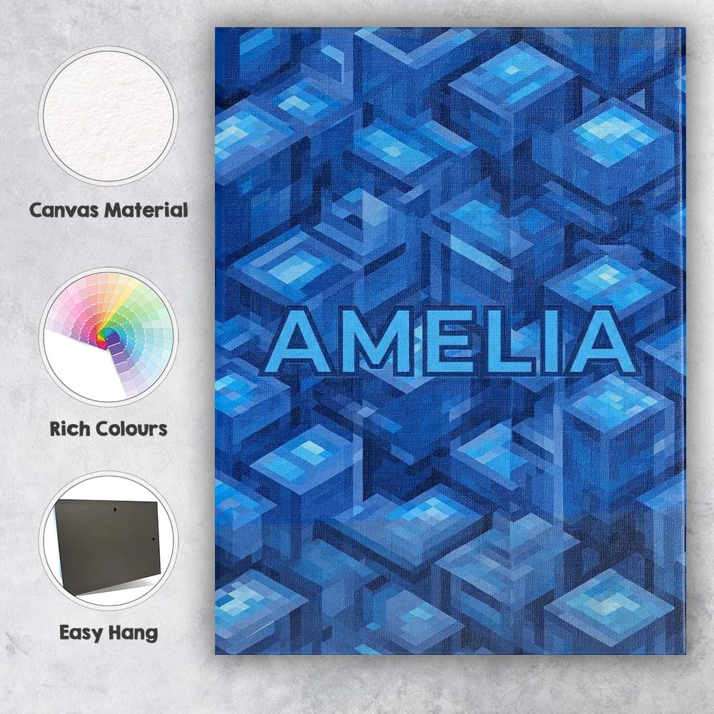 Personalised Name Blue 3D Cube Block Custom Premium Decorative Design Modern Room Accent Canvas Wall Art Print Decor Picture Ready to Hang