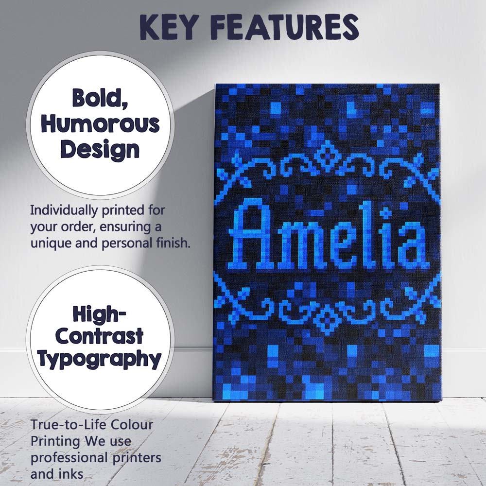 Personalised Name Dark Blue Pixel Texture Custom  Unique Gift Idea Elegant Feature Canvas Wall Art Print Decor Picture Ready to Hang