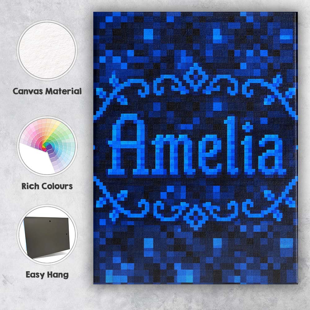 Personalised Name Dark Blue Pixel Texture Custom  Unique Gift Idea Elegant Feature Canvas Wall Art Print Decor Picture Ready to Hang