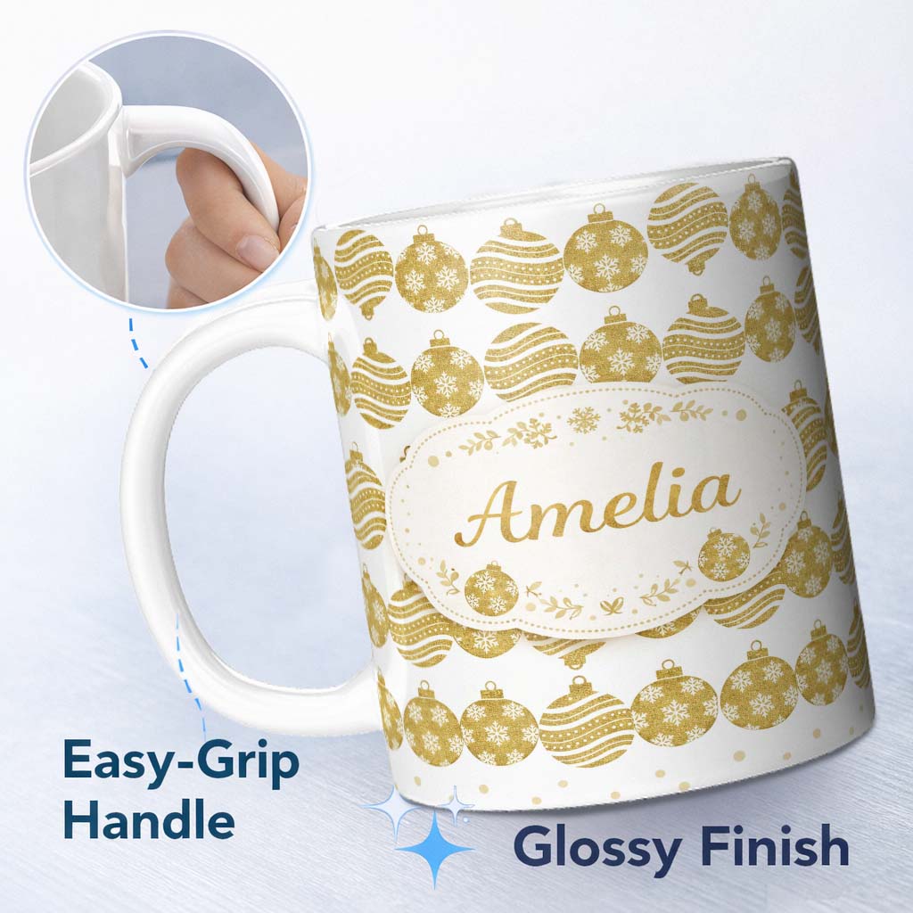 Personalized Custom Name Gold Christmas Baubles Glitter Festive Seamless Pattern Lovely 11oz Ceramic Coffee Tea Mug White Large Handle