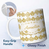 Personalized Custom Name Gold Christmas Baubles Glitter Festive Seamless Pattern Lovely 11oz Ceramic Coffee Tea Mug White Large Handle