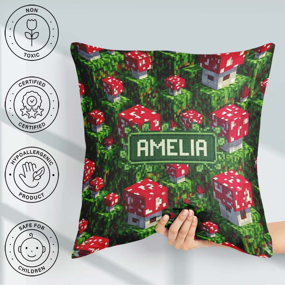 Custom Name Pixel Mushroom Forest Green Terrain Seamless Pattern Square Filled Cushion Throw Pillow Sofa Bed Home Decor Zip Washable UK Made