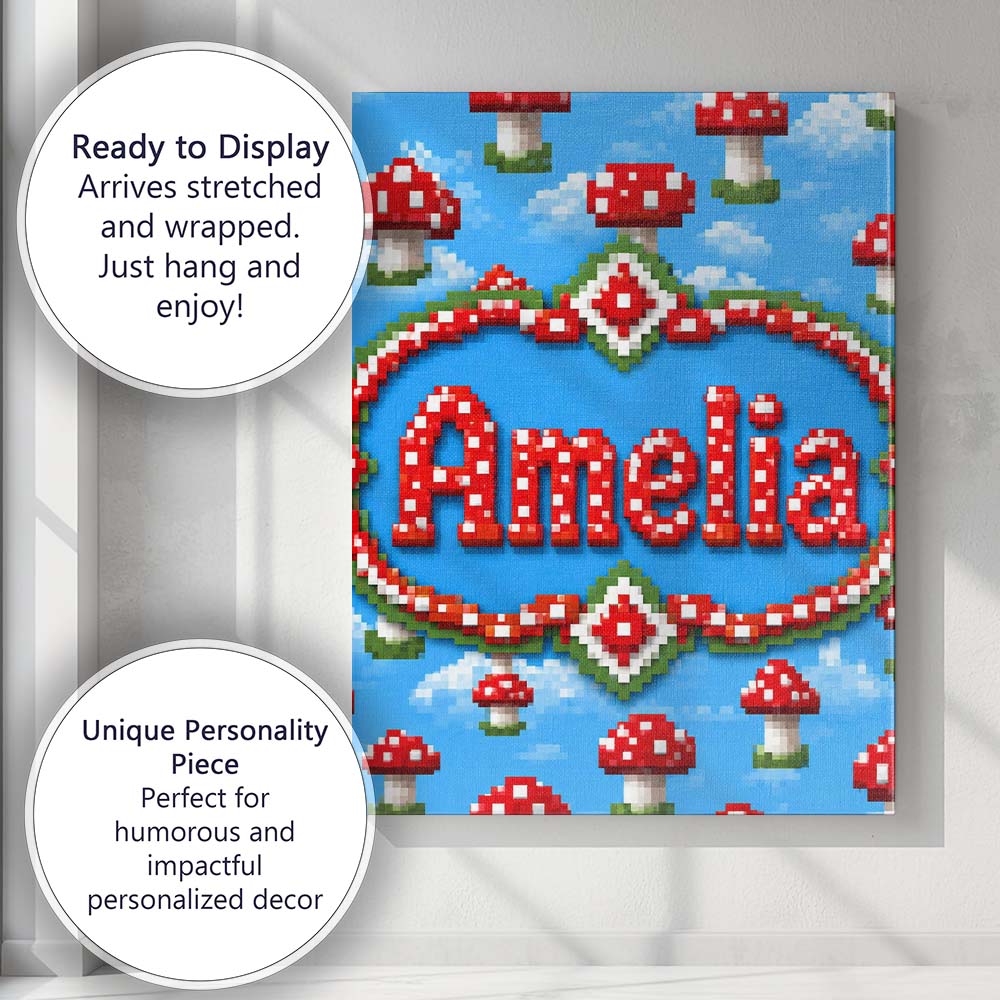 Personalised Name Cute Pixel Mushroom Custom Modern Room Accent Creative Decorator Style Canvas Wall Art Print Decor Picture Ready to Hang