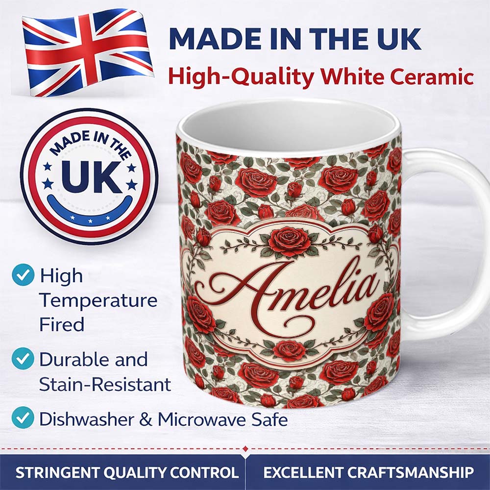 Personalized Custom Name Detailed Red Rose Floral Seamless Pattern with Vintage Style Lovely 11oz Ceramic Coffee Tea Mug White Large Handle
