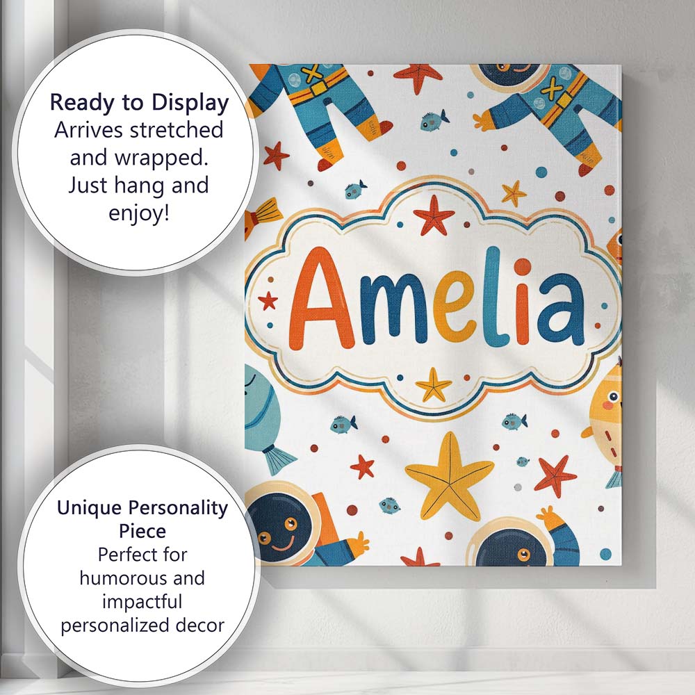 Personalised Name Cute Astronaut Fish Custom Modern Room Accent Creative Decorator Style Canvas Wall Art Print Decor Picture Ready to Hang