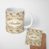 Personalized Custom Name Soft Pastel Floral Garden Bouquet on Cream Background Seamless 11oz Ceramic Coffee Tea Mug White Large Handle
