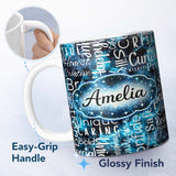 Personalized Custom Name Splatter Paint Typography Multicolour Black Motivational Word Lovely 11oz Ceramic Coffee Tea Mug White Large Handle