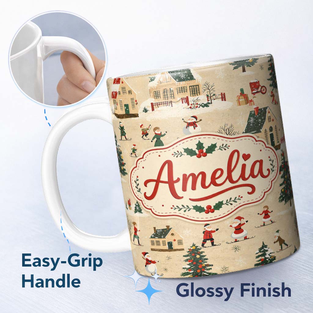 Personalized Custom Name Vintage Winter Village Ice Skating Christmas Scene Seamless Pattern 11oz Ceramic Coffee Tea Mug White Large Handle