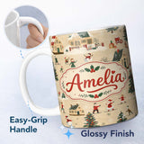 Personalized Custom Name Vintage Winter Village Ice Skating Christmas Scene Seamless Pattern 11oz Ceramic Coffee Tea Mug White Large Handle