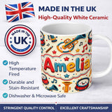 Personalized Custom Name Cute Musical Instruments Drums Trumpets Notes Fun Seamless Pattern 11oz Ceramic Coffee Tea Mug White Large Handle