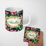 Personalized Custom Name Pink Bleeding Heart Flowers Botanical Watercolor Floral Pattern 11oz Ceramic Coffee Tea Mug White Large Handle
