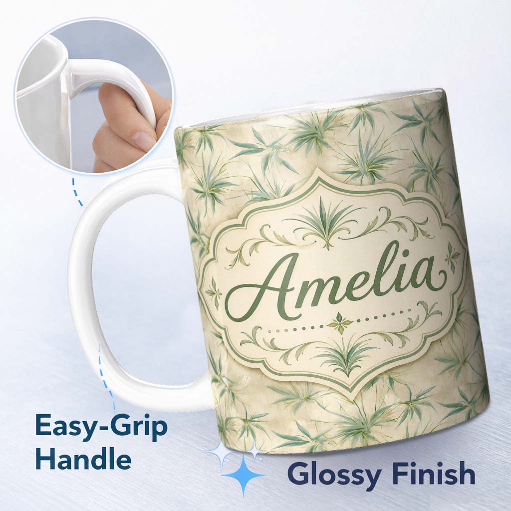 Personalized Custom Name Vintage Potted Houseplants Rustic Wall Seamless Pattern Lovely 11oz Ceramic Coffee Tea Mug White Large Handle