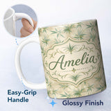 Personalized Custom Name Vintage Potted Houseplants Rustic Wall Seamless Pattern Lovely 11oz Ceramic Coffee Tea Mug White Large Handle