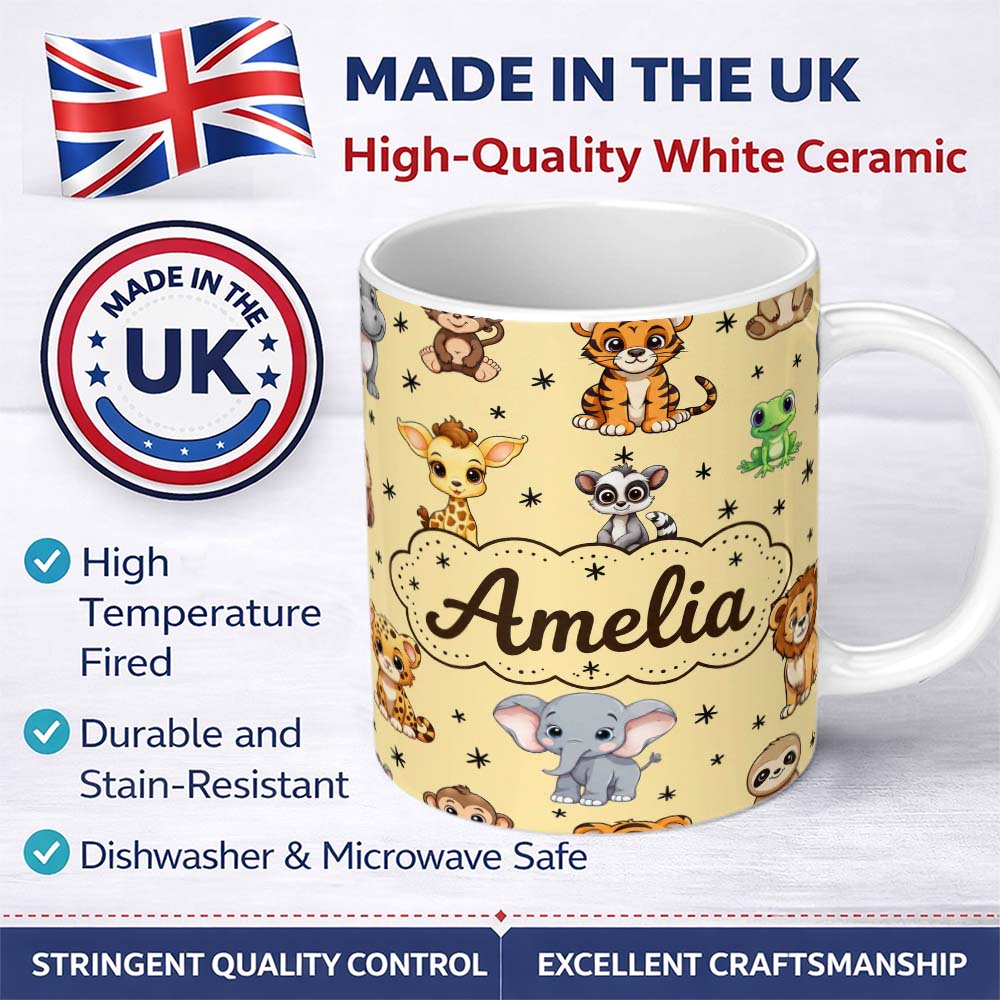 Personalized Custom Name Cute Cartoon Safari Animals with Stars on Warm Beige Background 11oz Ceramic Coffee Tea Mug White Large Handle
