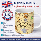 Personalized Custom Name Cute Cartoon Safari Animals with Stars on Warm Beige Background 11oz Ceramic Coffee Tea Mug White Large Handle