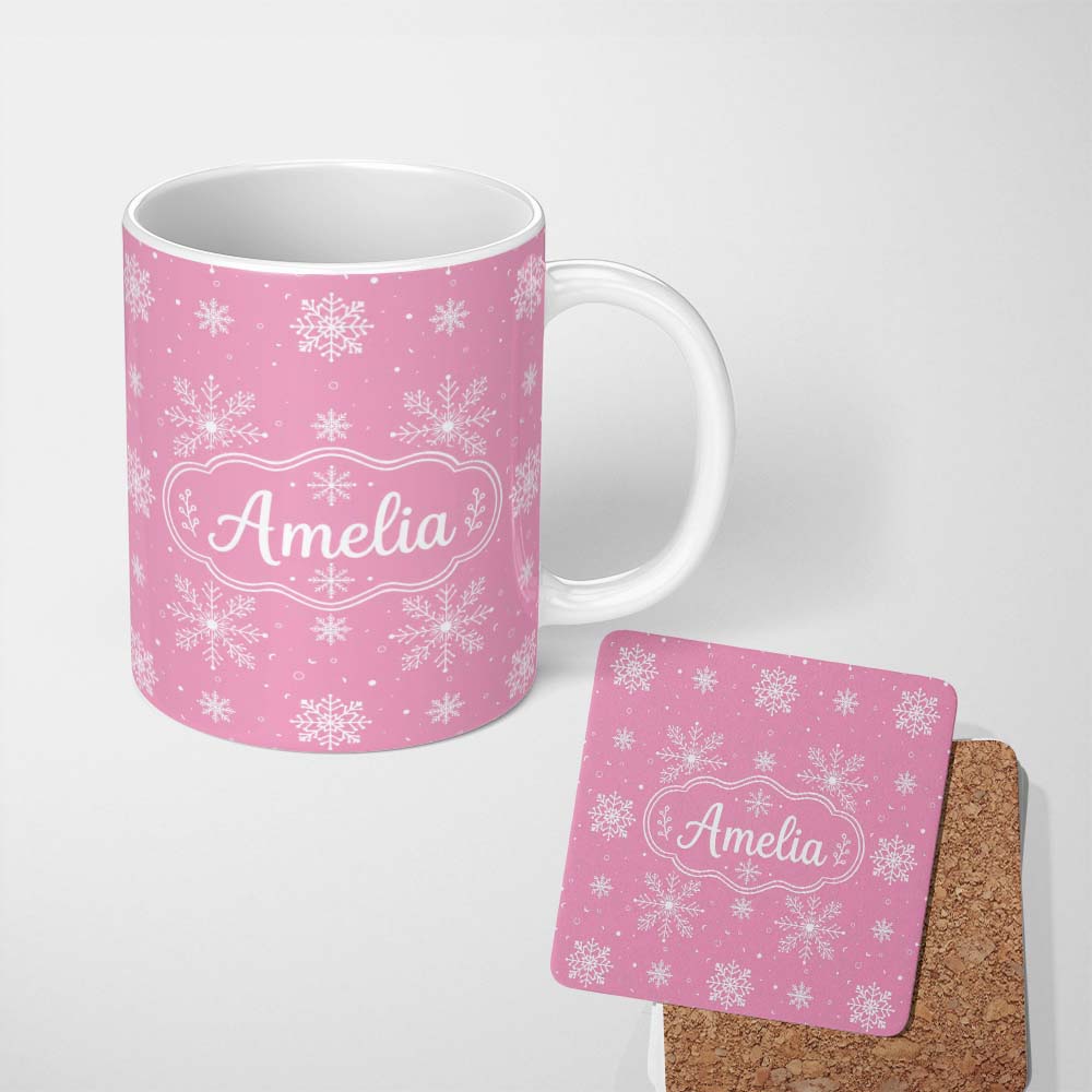 Personalized Custom Name Cute Pink Snowflakes Minimal Winter Seamless Pattern Lovely 11oz Ceramic Coffee Tea Mug White Large Handle