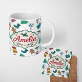 Personalized Custom Name Cute Gingerbread Cookie Ornament Tree Bell Seamless Pattern Lovely 11oz Ceramic Coffee Tea Mug White Large Handle