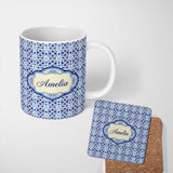 Personalized Custom Name Blue Floral Tile Geometric Seamless Pattern Ornamental Repeat Design 11oz Ceramic Coffee Tea Mug White Large Handle