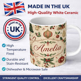 Personalized Custom Name Vintage Christmas Baubles Holly Leaves and Winter Elements Classic 11oz Ceramic Coffee Tea Mug White Large Handle