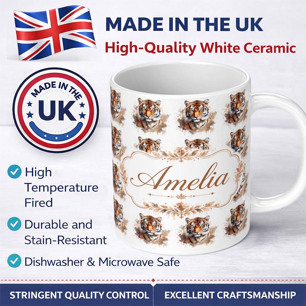 Personalized Custom Name Realistic Tiger Portrait Splash Art Seamless Pattern Lovely 11oz Ceramic Coffee Tea Mug White Large Handle