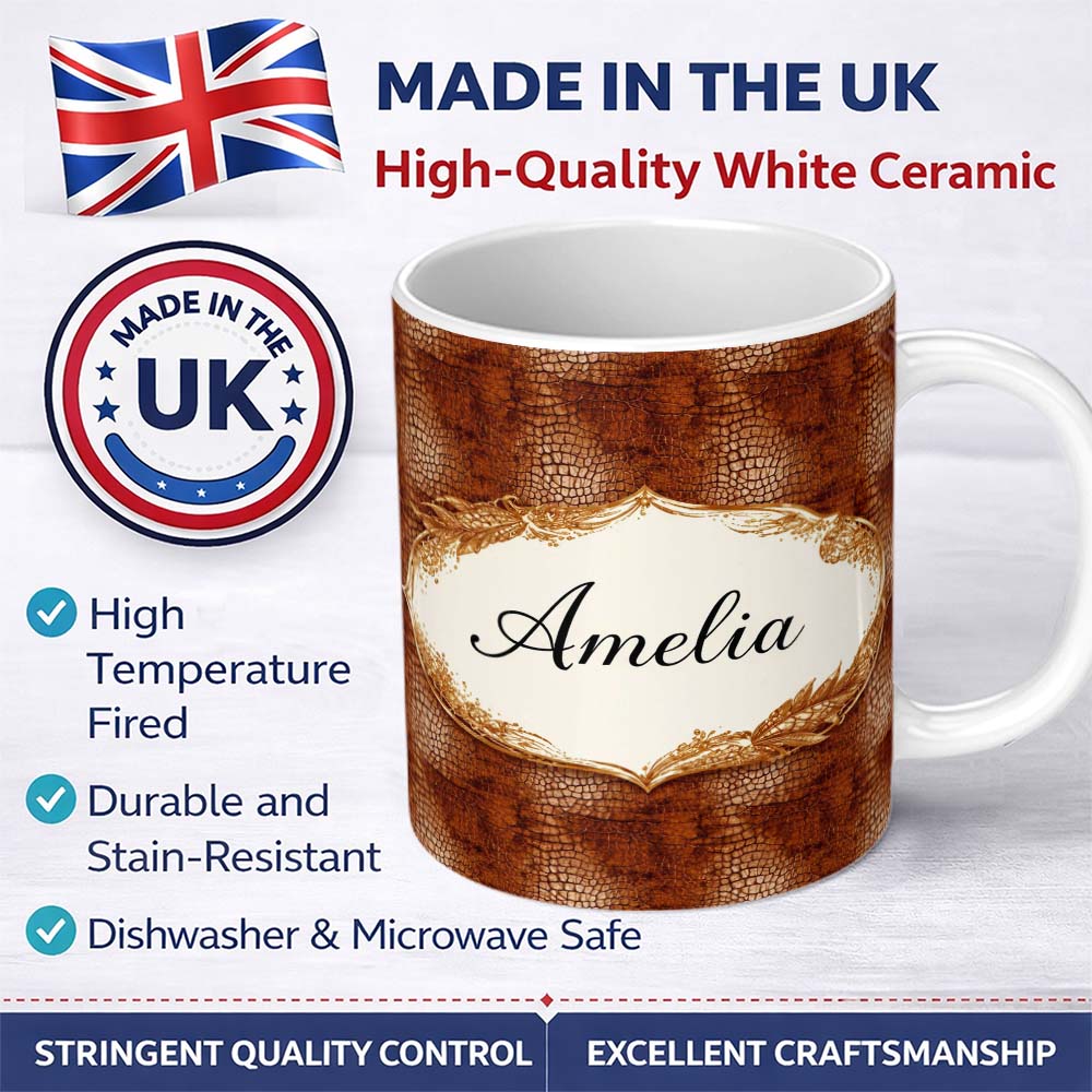 Personalized Custom Name Brown Crocodile Leather Texture Pattern Charming Kitchen Decor 11oz Ceramic Coffee Tea Mug White Large Handle