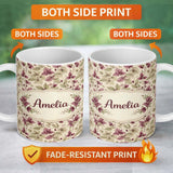 Personalized Custom Name Tropical Red Green Foliage Botanical Seamless Pattern Lovely 11oz Ceramic Coffee Tea Mug White Large Handle