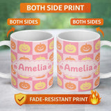 Personalized Custom Name Cute Pumpkin Faces on Soft Pink Background Halloween Seamless Lovely 11oz Ceramic Coffee Tea Mug White Large Handle