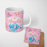 Personalized Custom Name Mermaid Ocean Friends Jellyfish Starfish Rose Pink Background Lovely 11oz Ceramic Coffee Tea Mug White Large Handle