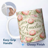 Personalized Custom Name Soft Pink Protea Flowers and Green Leaves Seamless Pattern Lovely 11oz Ceramic Coffee Tea Mug White Large Handle
