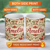 Personalized Custom Name Festive Poinsettia Holly Berry Vintage Christmas Seamless Pattern 11oz Ceramic Coffee Tea Mug White Large Handle