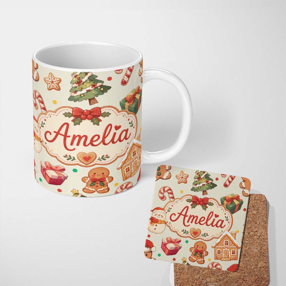 Personalized Custom Name Cute Gingerbread Man Christmas Tree Candy Cane Holiday Beige Lovely 11oz Ceramic Coffee Tea Mug White Large Handle