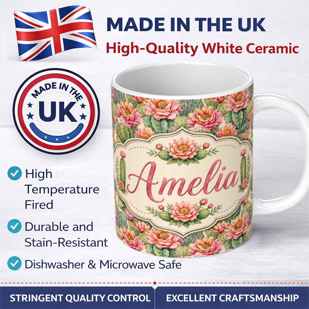 Personalized Custom Name Soft Vintage Cactus Flower Garden Botanical Seamless Pattern Design 11oz Ceramic Coffee Tea Mug White Large Handle
