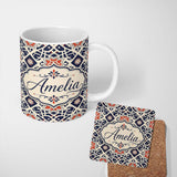 Personalized Custom Name Navy Red Geometric Star Tile Mediterranean Seamless Pattern Lovely 11oz Ceramic Coffee Tea Mug White Large Handle